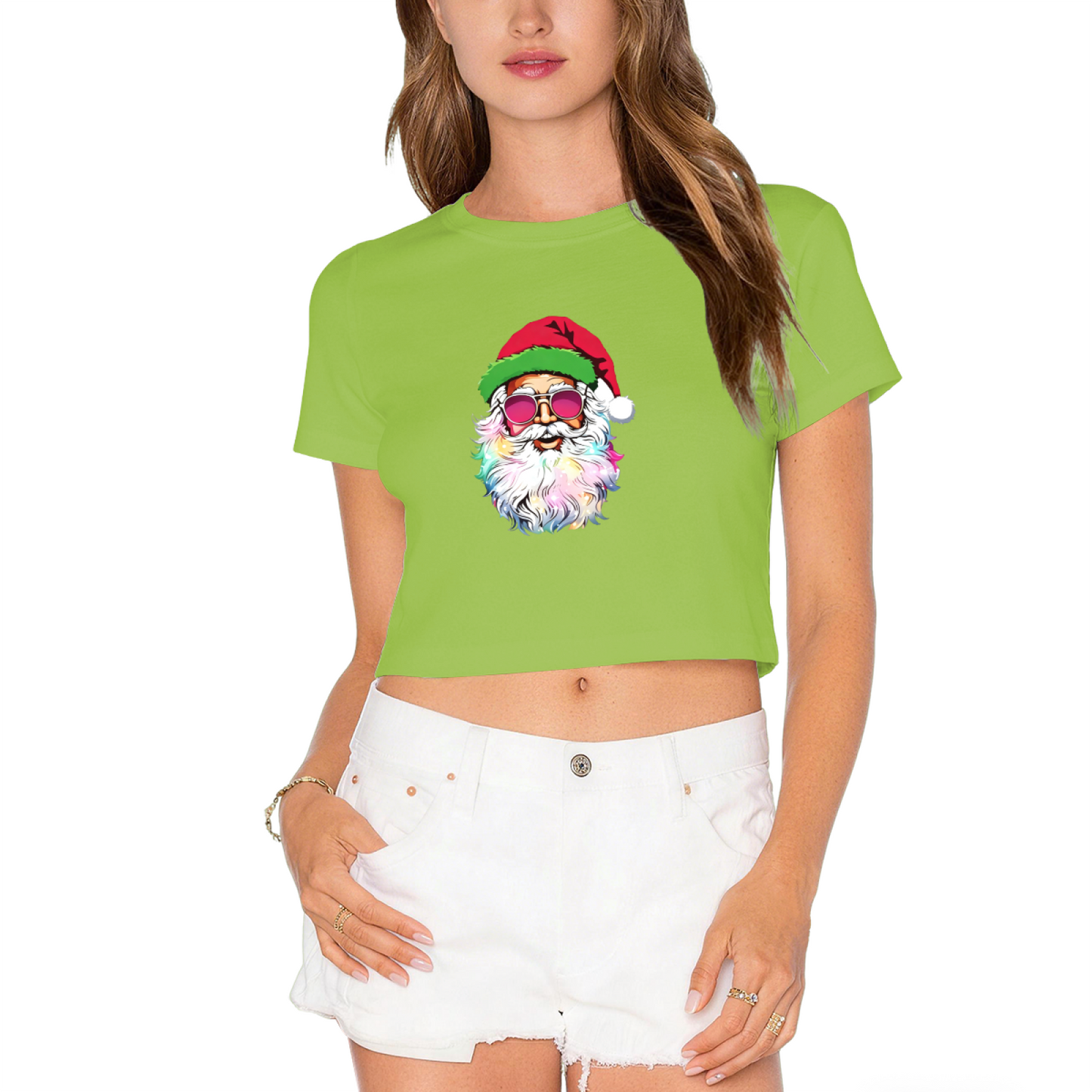 Cool Rainbow Beard Santa With Pink Sunglasses Christmas Crop Top