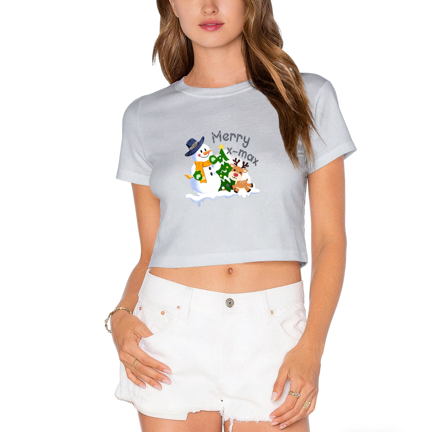 Merry X?max Snowman & Reindeer Cute Holiday Crop Top