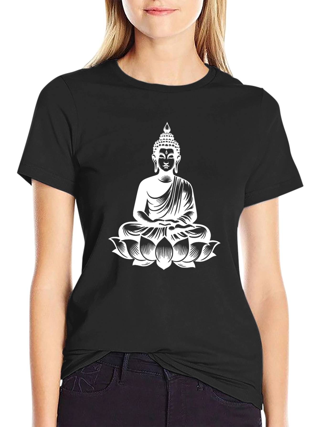 Buddha Lotus Graphic Print T-Shirt - Black