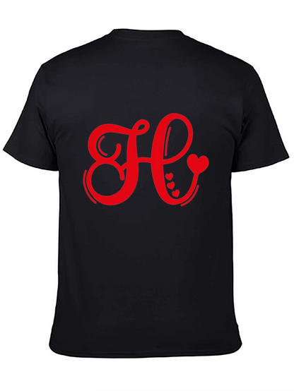 Red Heart Initial Letter Black T-Shirt