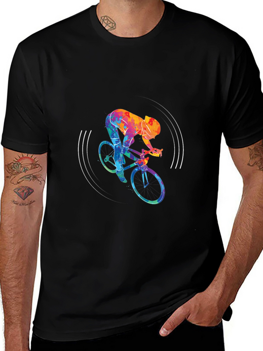 Colorful Cycling Graphic Black Tee Shirt