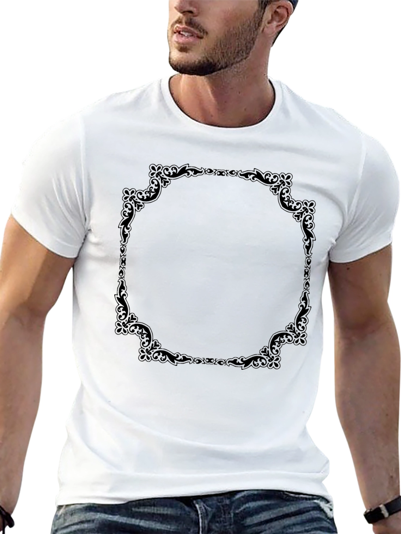 Elegant Black T-Shirt with Ornate Frame Design