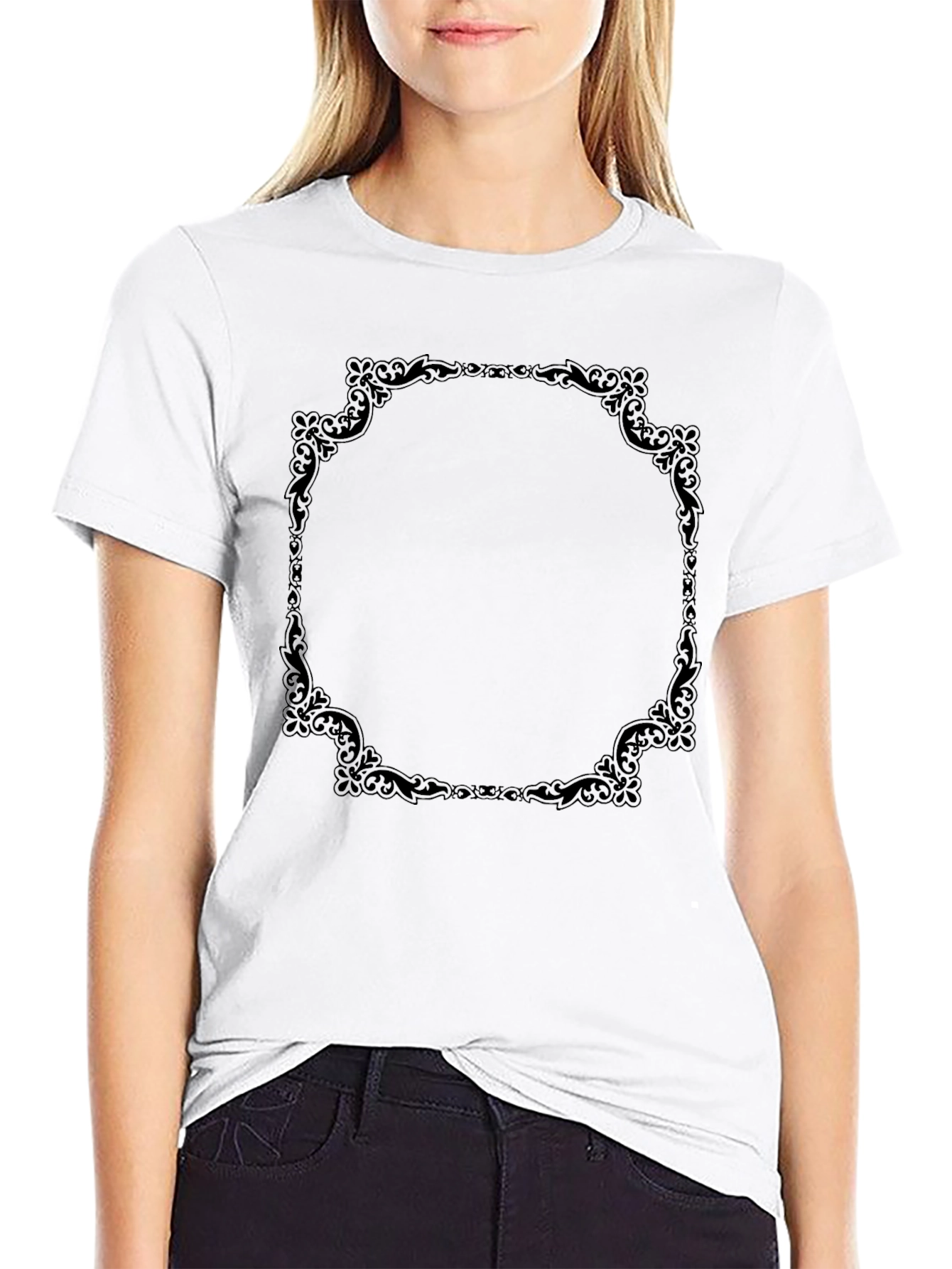 Elegant Black T-Shirt with Ornate Frame Design