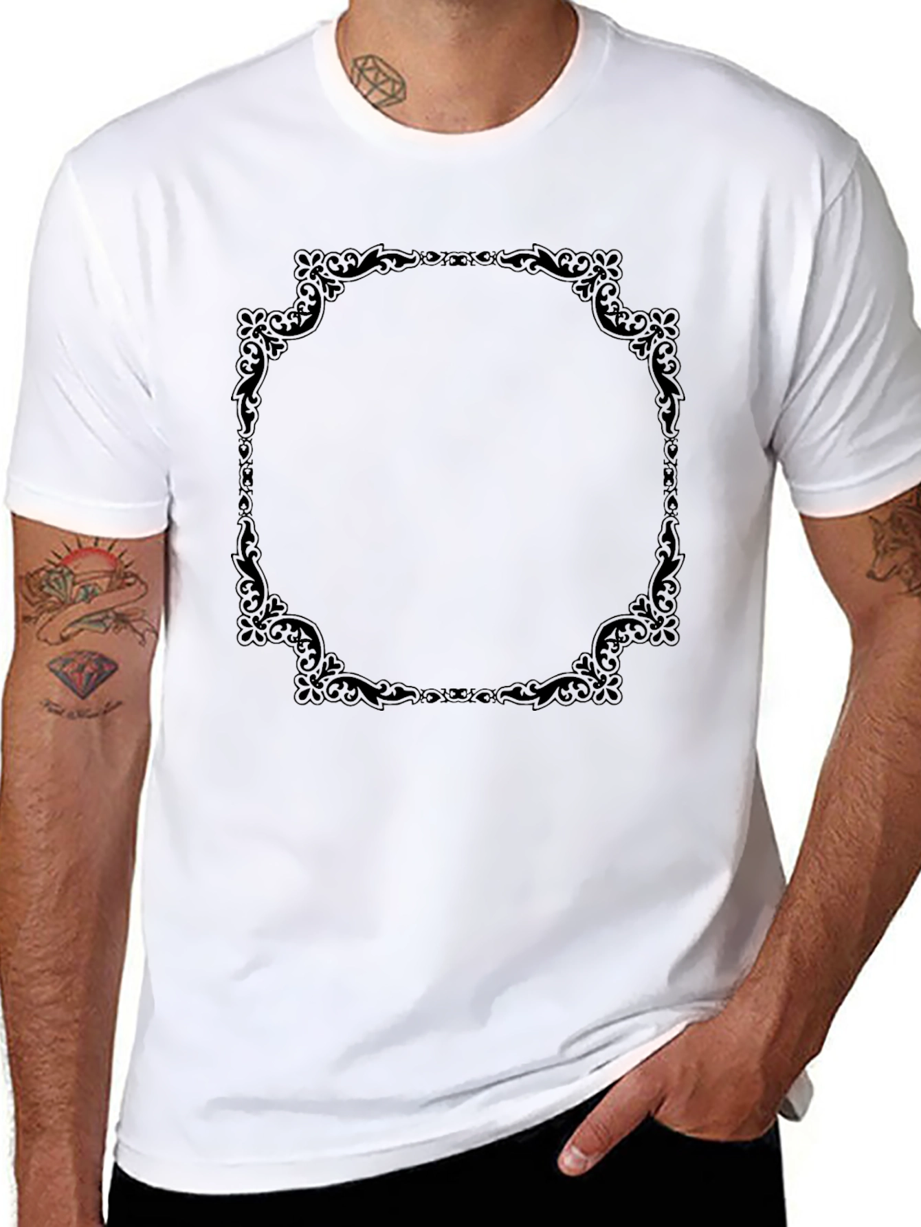 Elegant Black T-Shirt with Ornate Frame Design