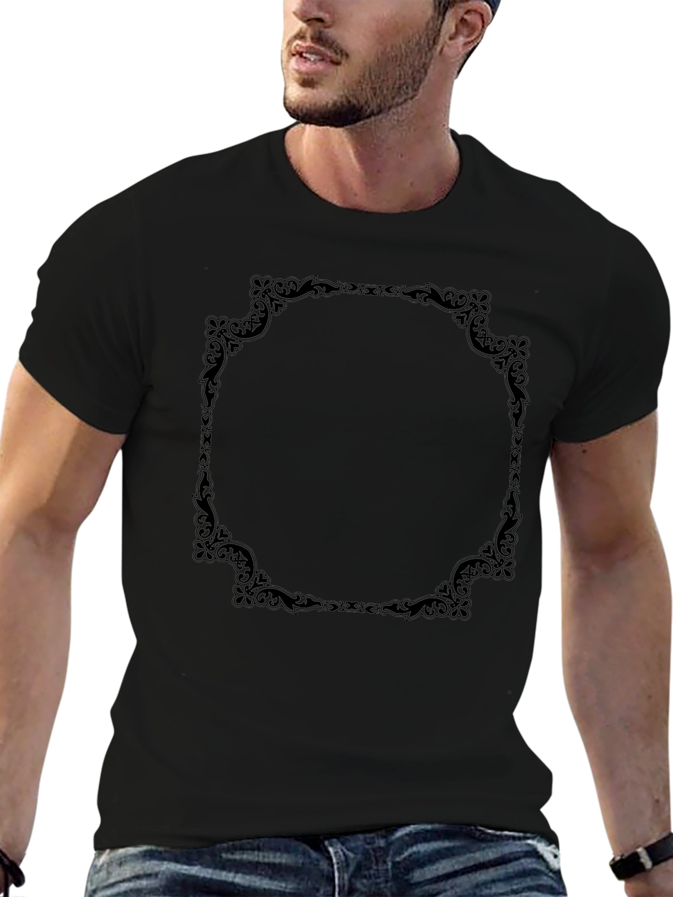 Elegant Black T-Shirt with Ornate Frame Design