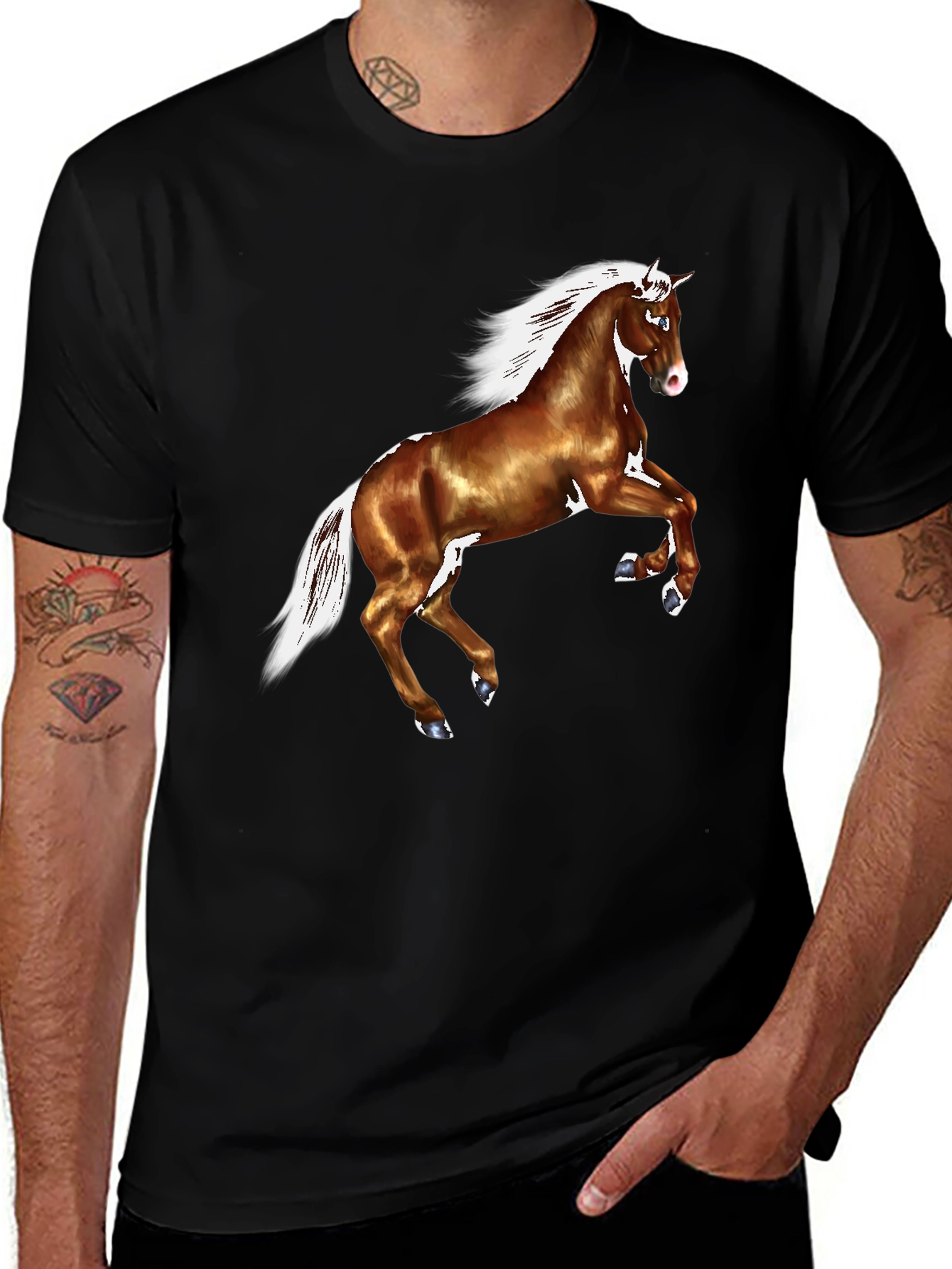 Horse Graphic Tee - Black Cotton Casual T-Shirt