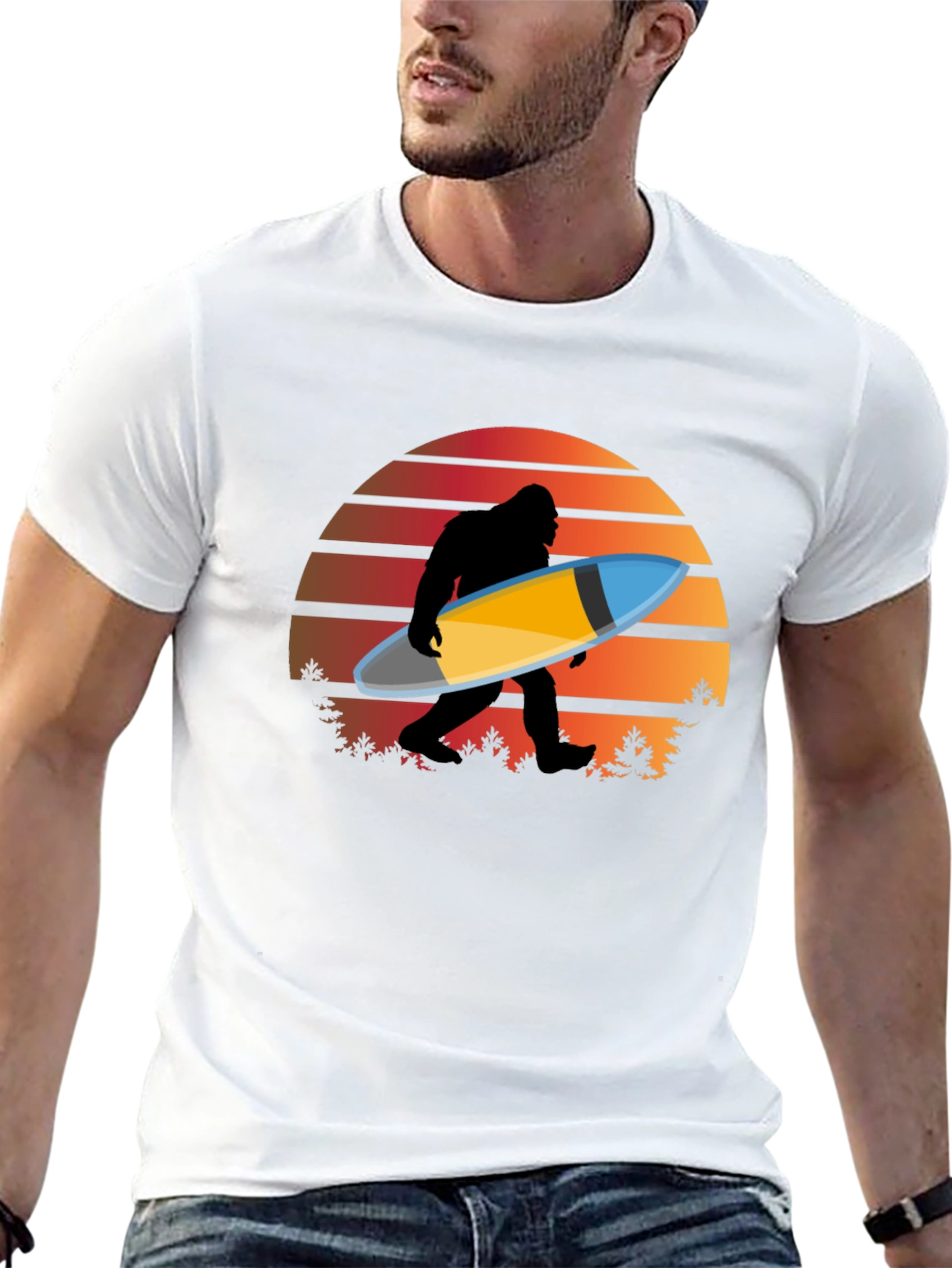 Sasquatch Surfer T-Shirt - Retro Sunset Bigfoot Tee