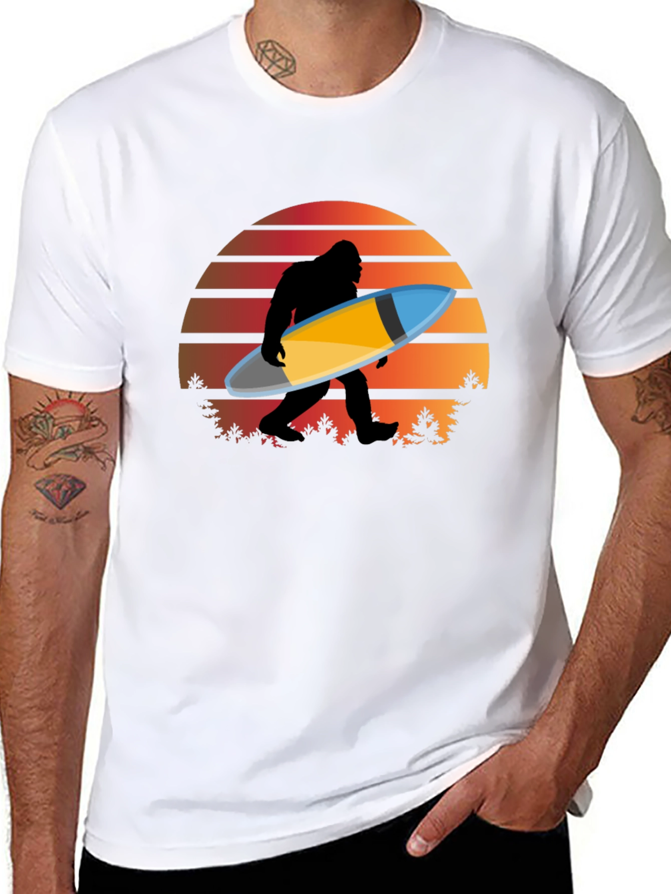 Sasquatch Surfer T-Shirt - Retro Sunset Bigfoot Tee