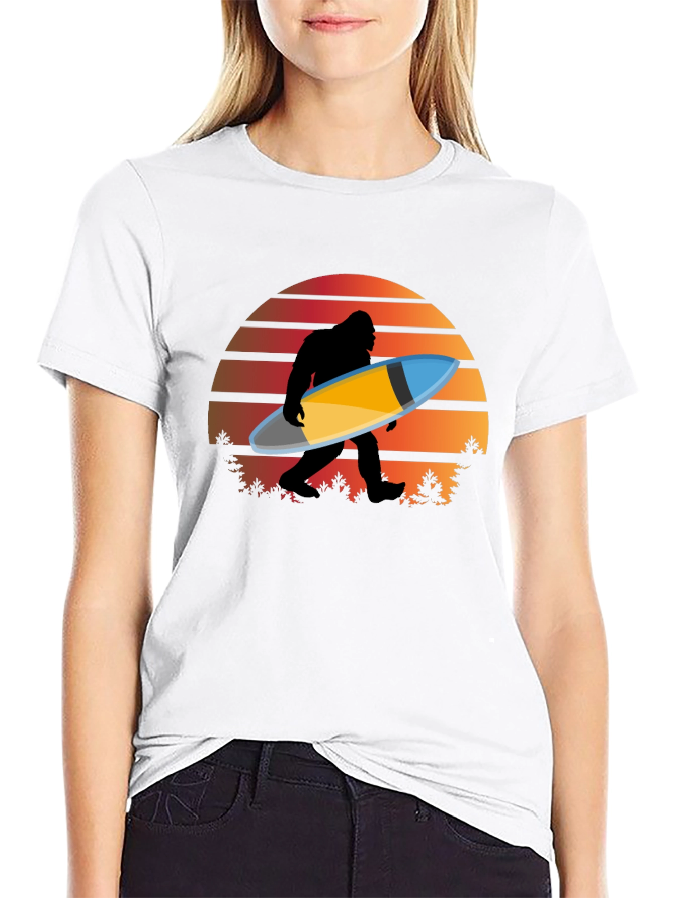 Sasquatch Surfer T-Shirt - Retro Sunset Bigfoot Tee