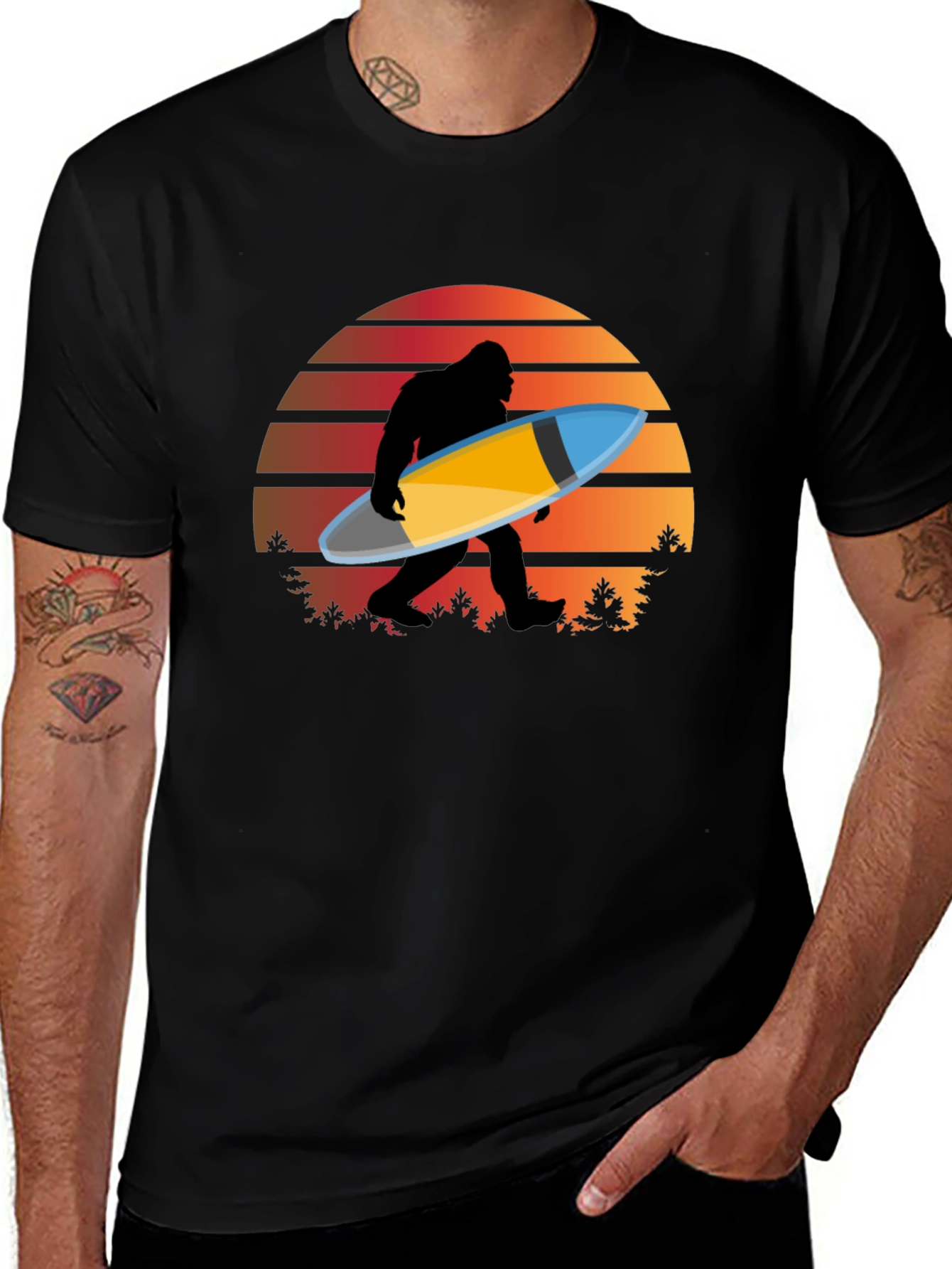 Sasquatch Surfer T-Shirt - Retro Sunset Bigfoot Tee