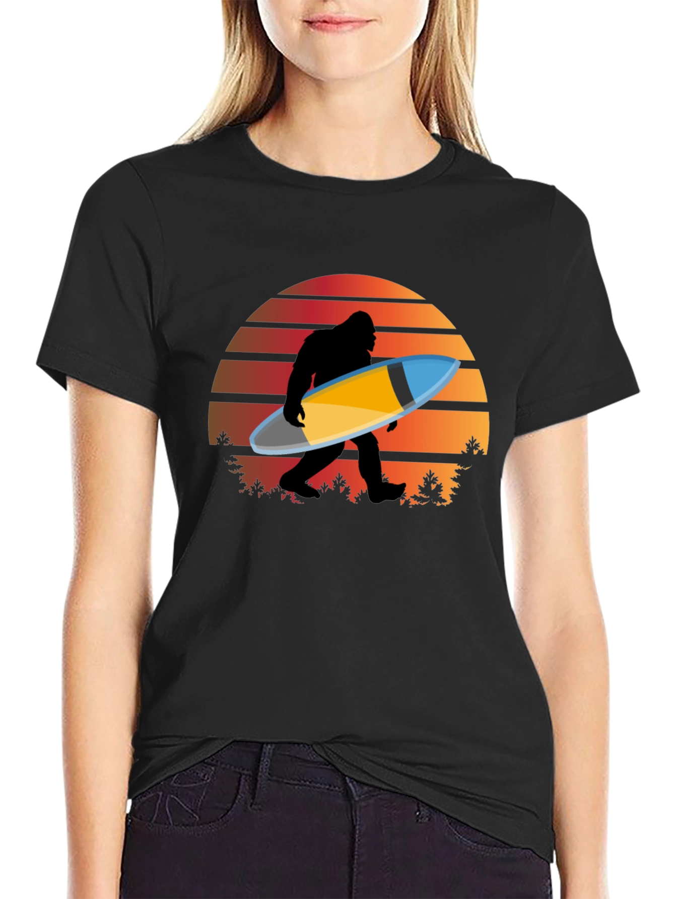 Sasquatch Surfer T-Shirt - Retro Sunset Bigfoot Tee