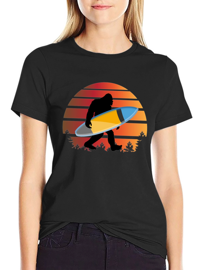 Sasquatch Surfer T-Shirt - Retro Sunset Bigfoot Tee