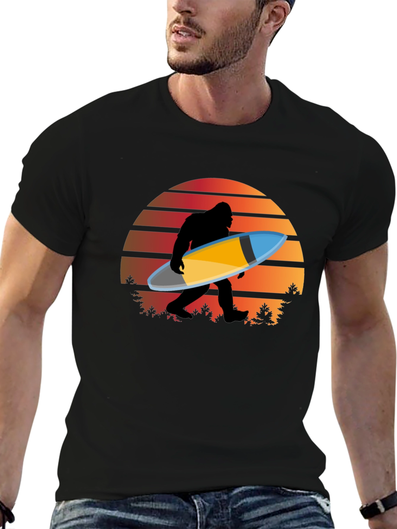 Sasquatch Surfer T-Shirt - Retro Sunset Bigfoot Tee
