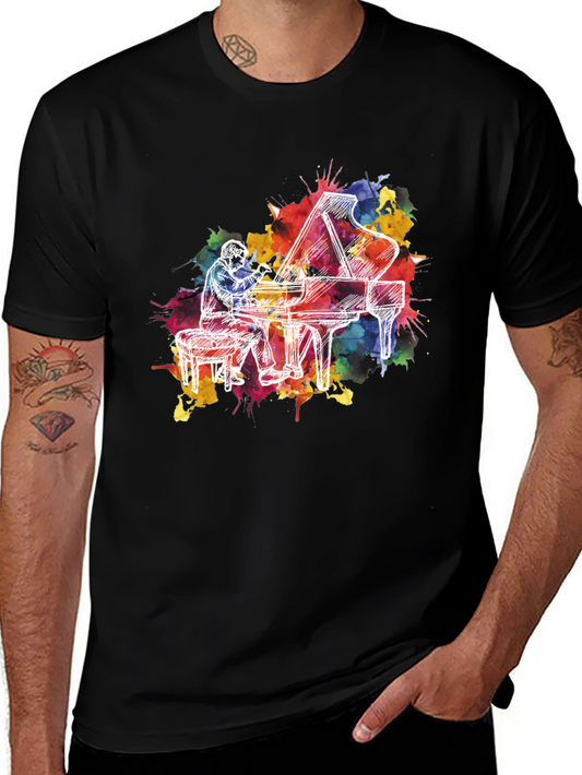 Watercolor Piano Player Black T-Shirt