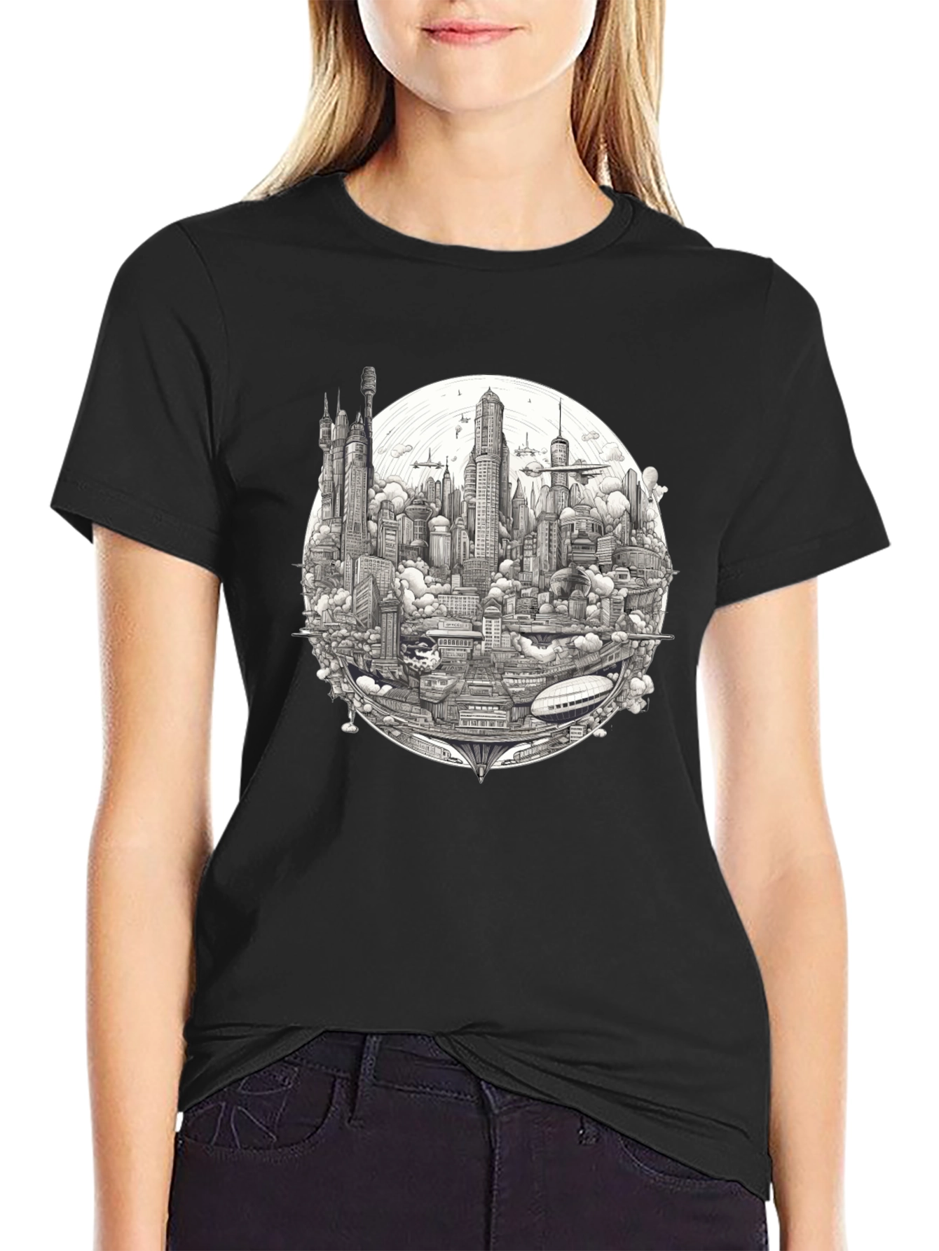 Futuristic Cityscape Graphic Print Black T-Shirt