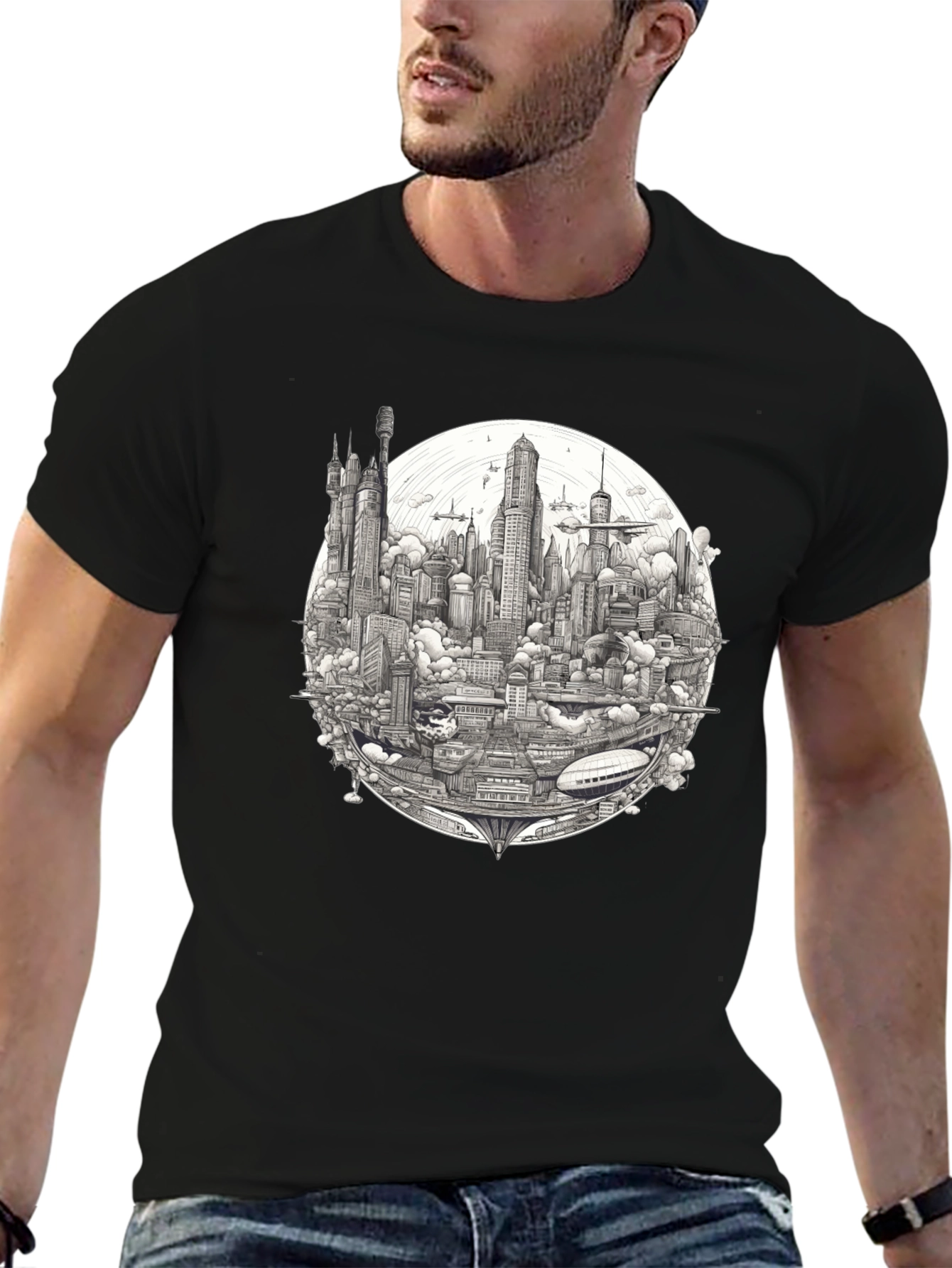 Futuristic Cityscape Graphic Print Black T-Shirt