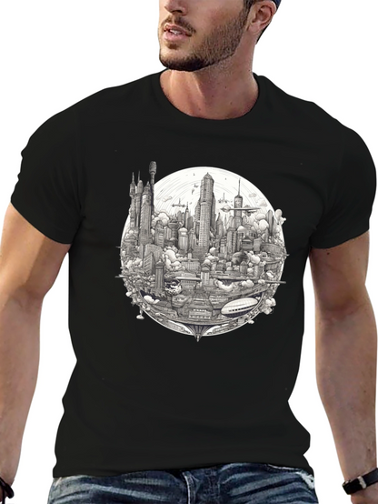 Futuristic Cityscape Graphic Print Black T-Shirt