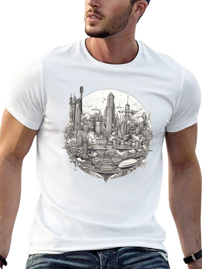 Futuristic Cityscape Graphic Print Black T-Shirt