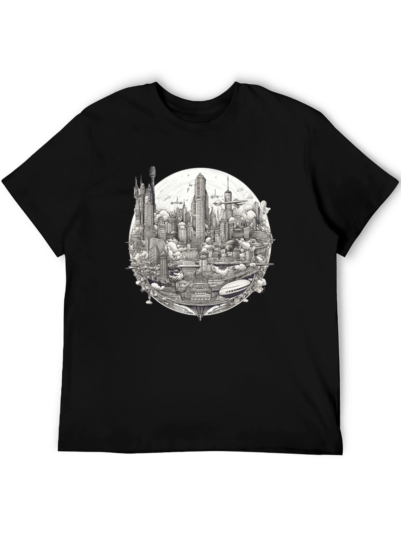 Futuristic Cityscape Graphic Print Black T-Shirt