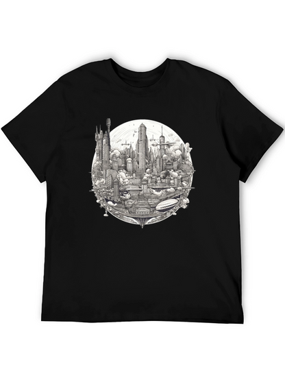 Futuristic Cityscape Graphic Print Black T-Shirt