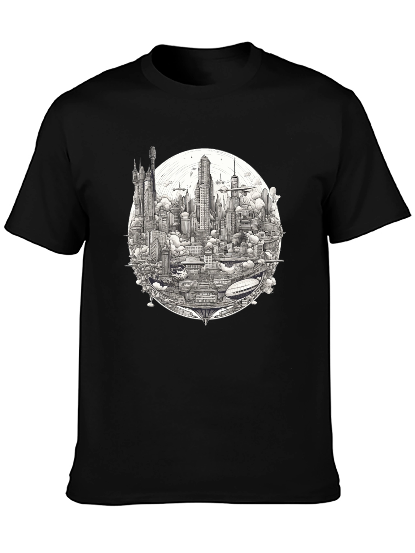Futuristic Cityscape Graphic Print Black T-Shirt