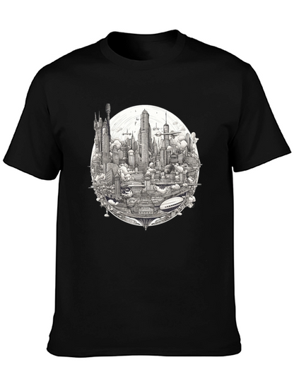 Futuristic Cityscape Graphic Print Black T-Shirt