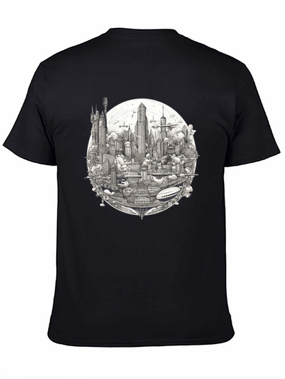 Futuristic Cityscape Graphic Print Black T-Shirt