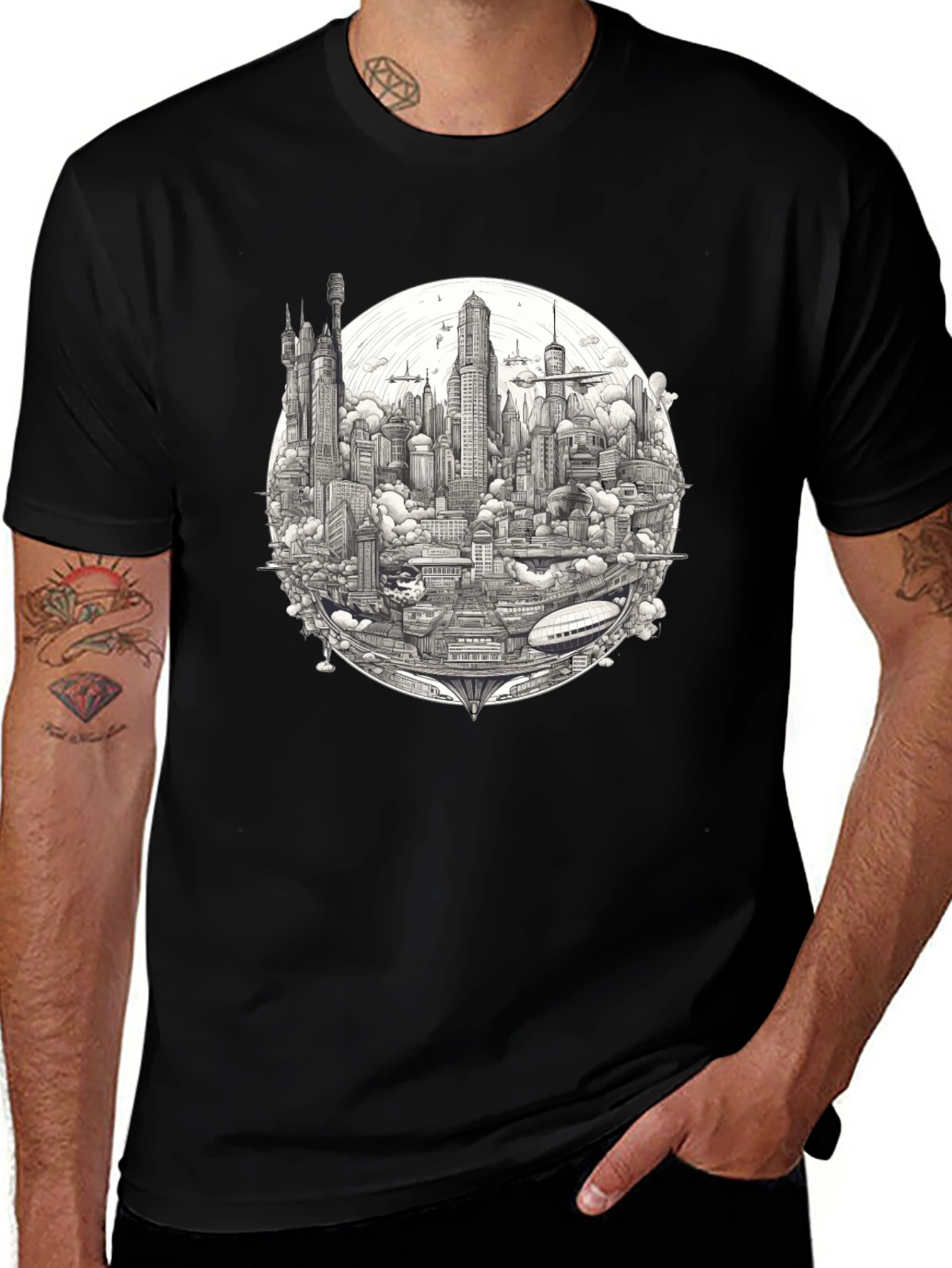 Futuristic Cityscape Graphic Print Black T-Shirt