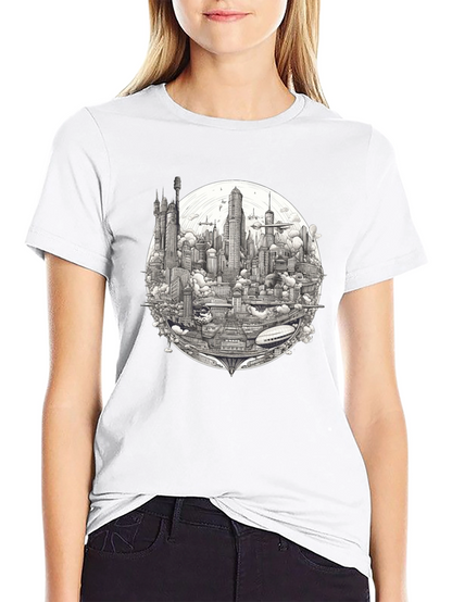 Futuristic Cityscape Graphic Print Black T-Shirt