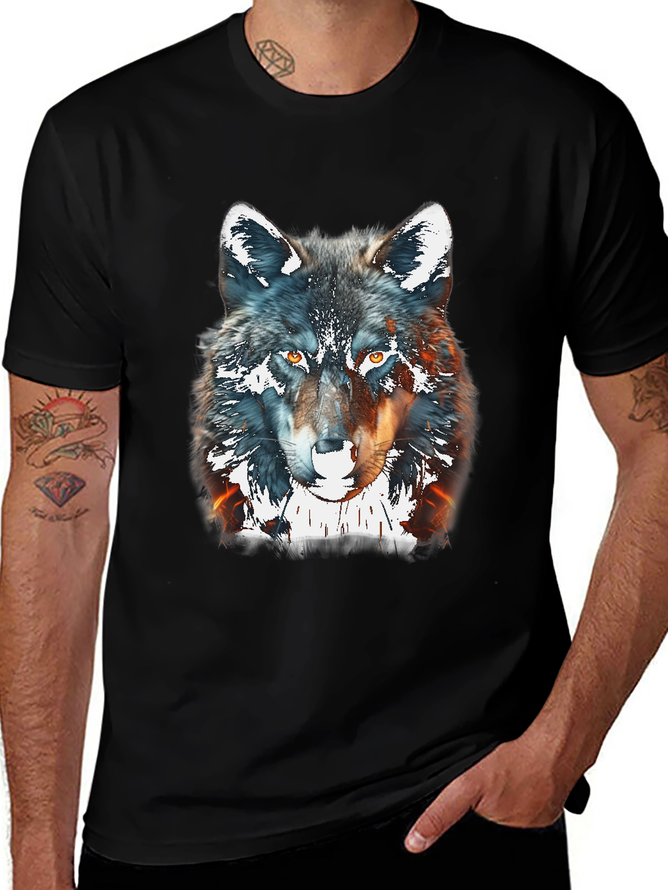Wolf Graphic Print Tee - Black Cotton Blend