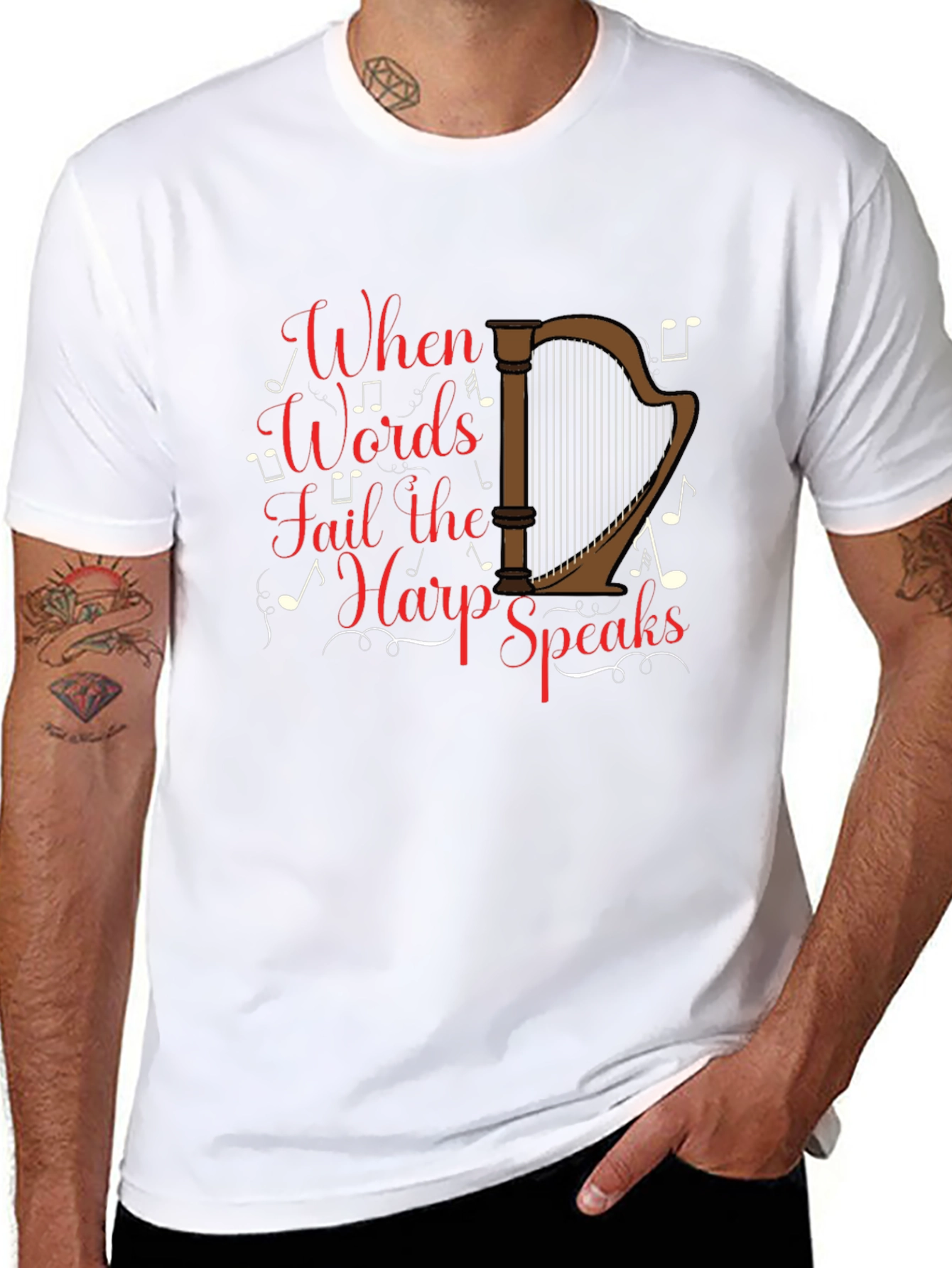 Harp Speaks Black T-Shirt - Musicians Delight