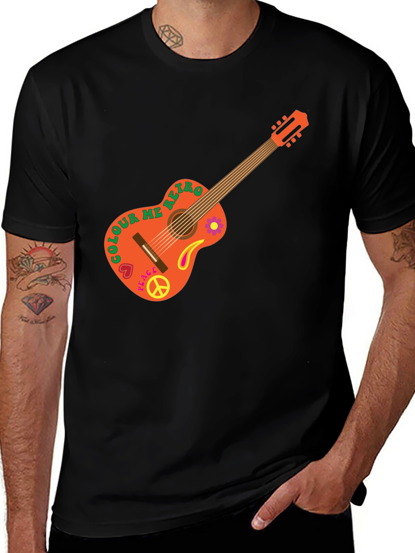 Retro Guitar Graphic T-Shirt - Peace & Music