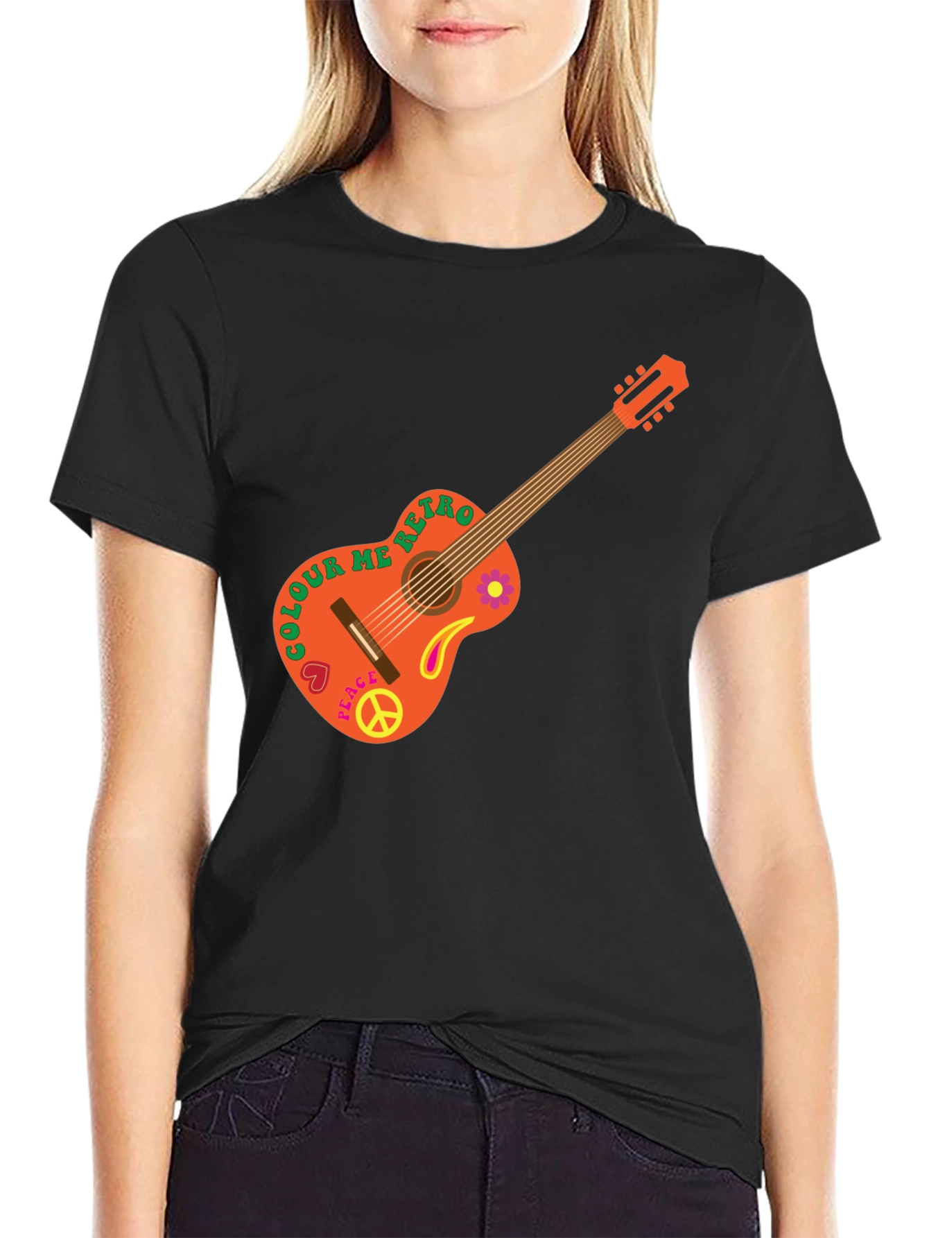 Retro Guitar Graphic T-Shirt - Peace & Music
