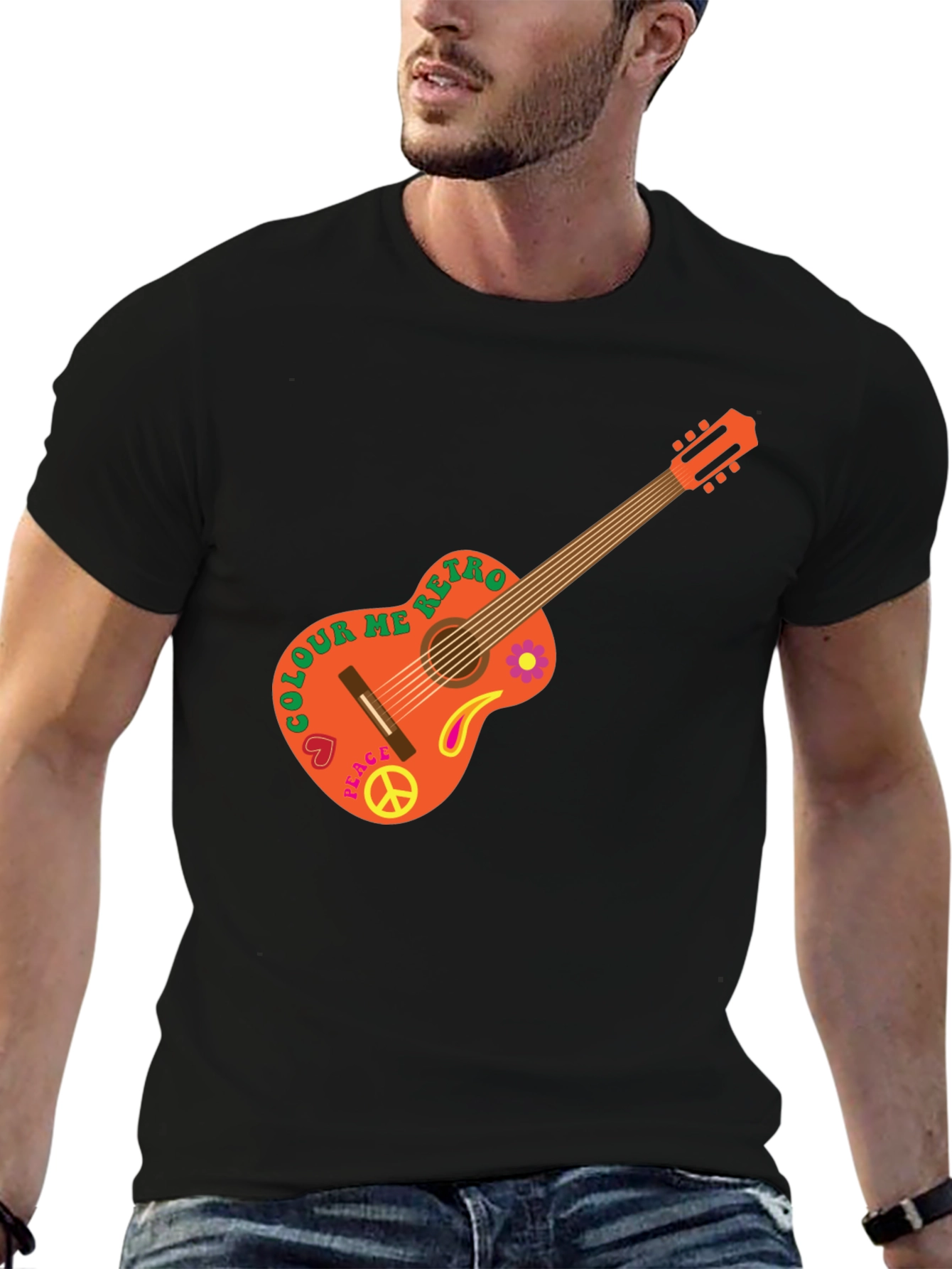 Retro Guitar Graphic T-Shirt - Peace & Music