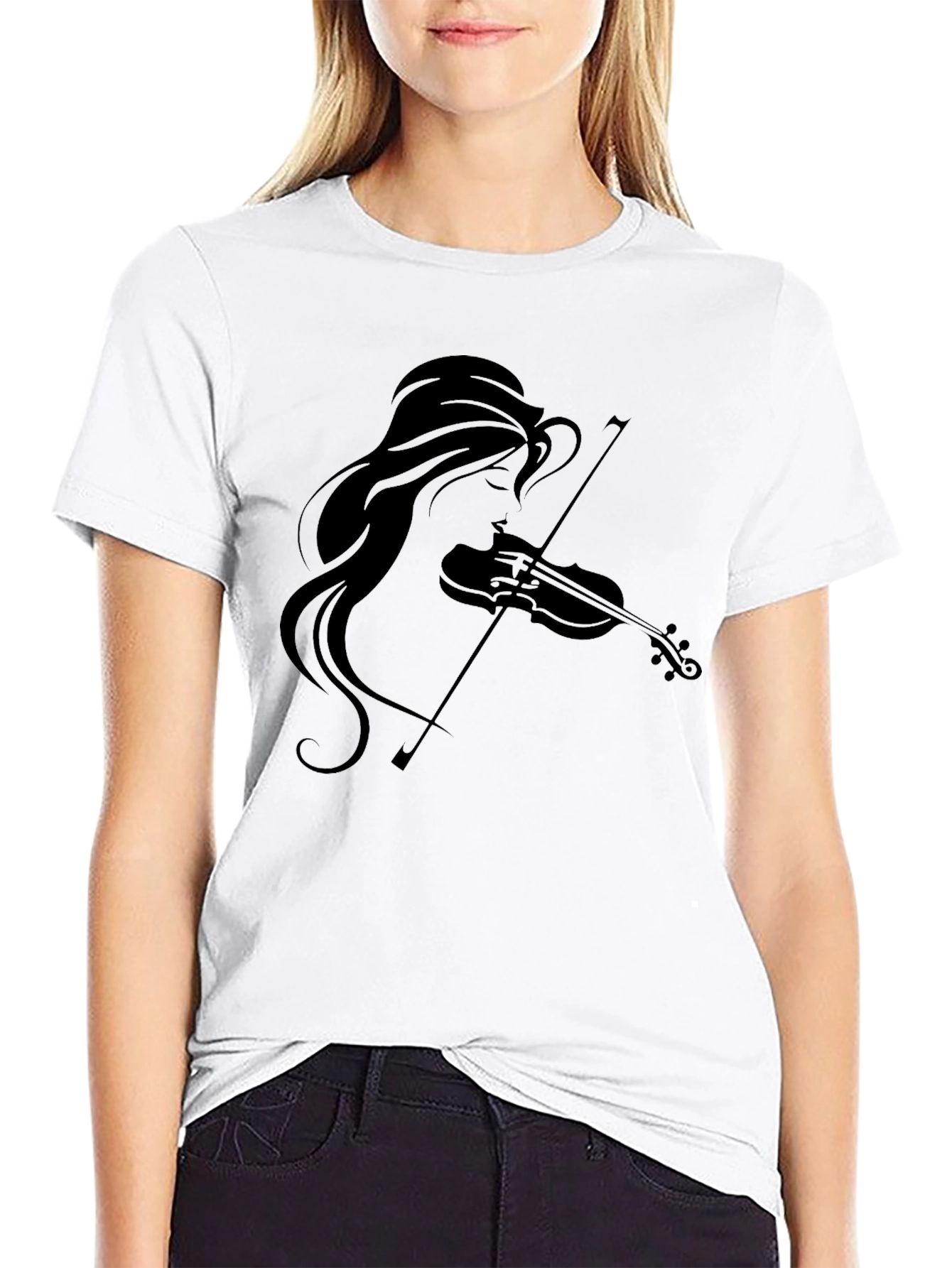 Violin Girl Graphic Tee - Black Cotton T-Shirt
