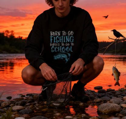 Playful "Born to Fish Forced to School" Youth Fishing Sweatshirt
