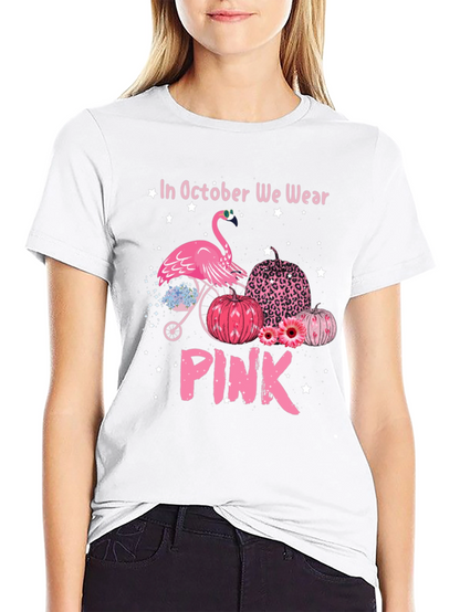 October We Wear Pink Flamingo Breast Cancer Awareness T-Shirt