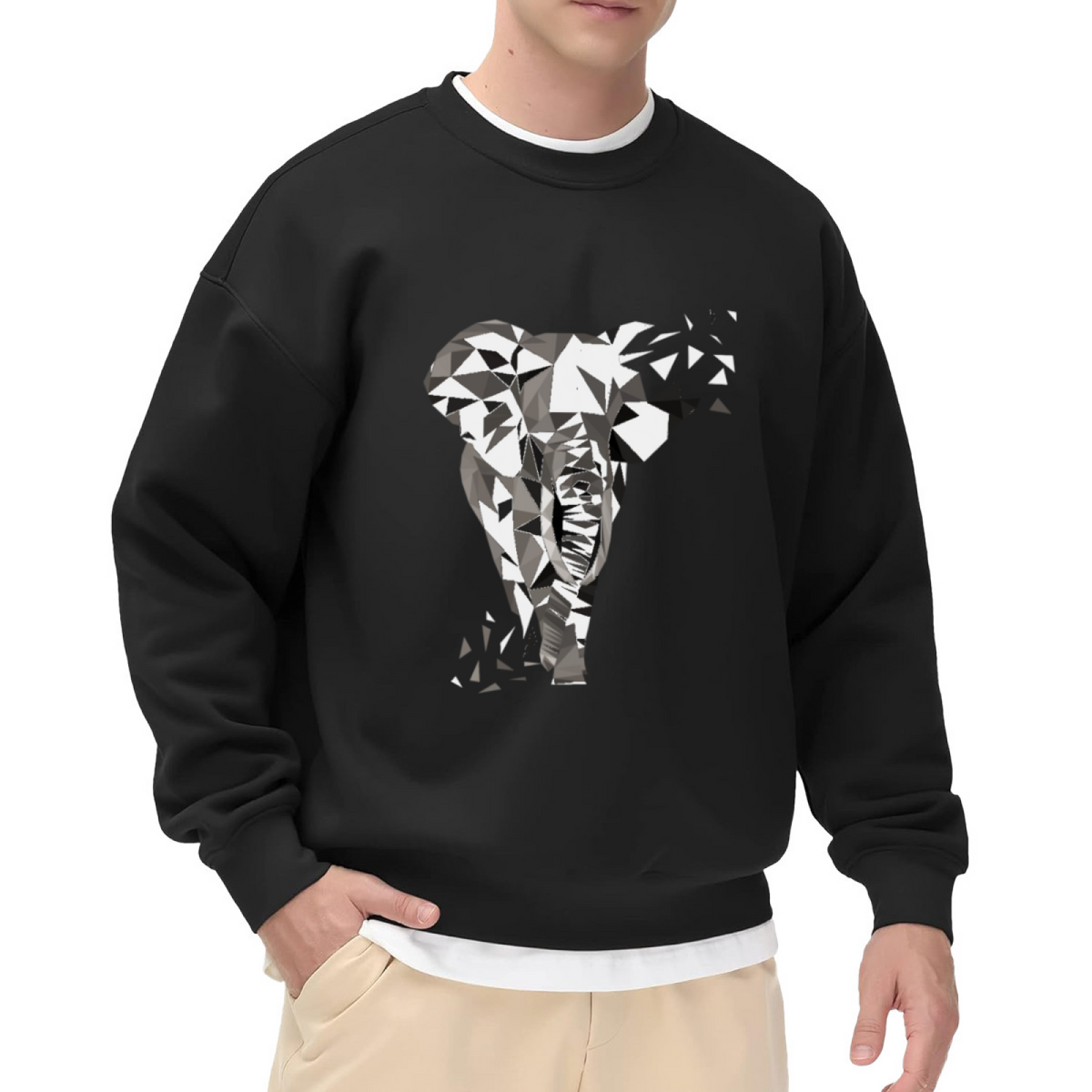 Low Poly Geometric Elephant Crewneck Sweatshirt - Modern Abstract Animal Art Pullover