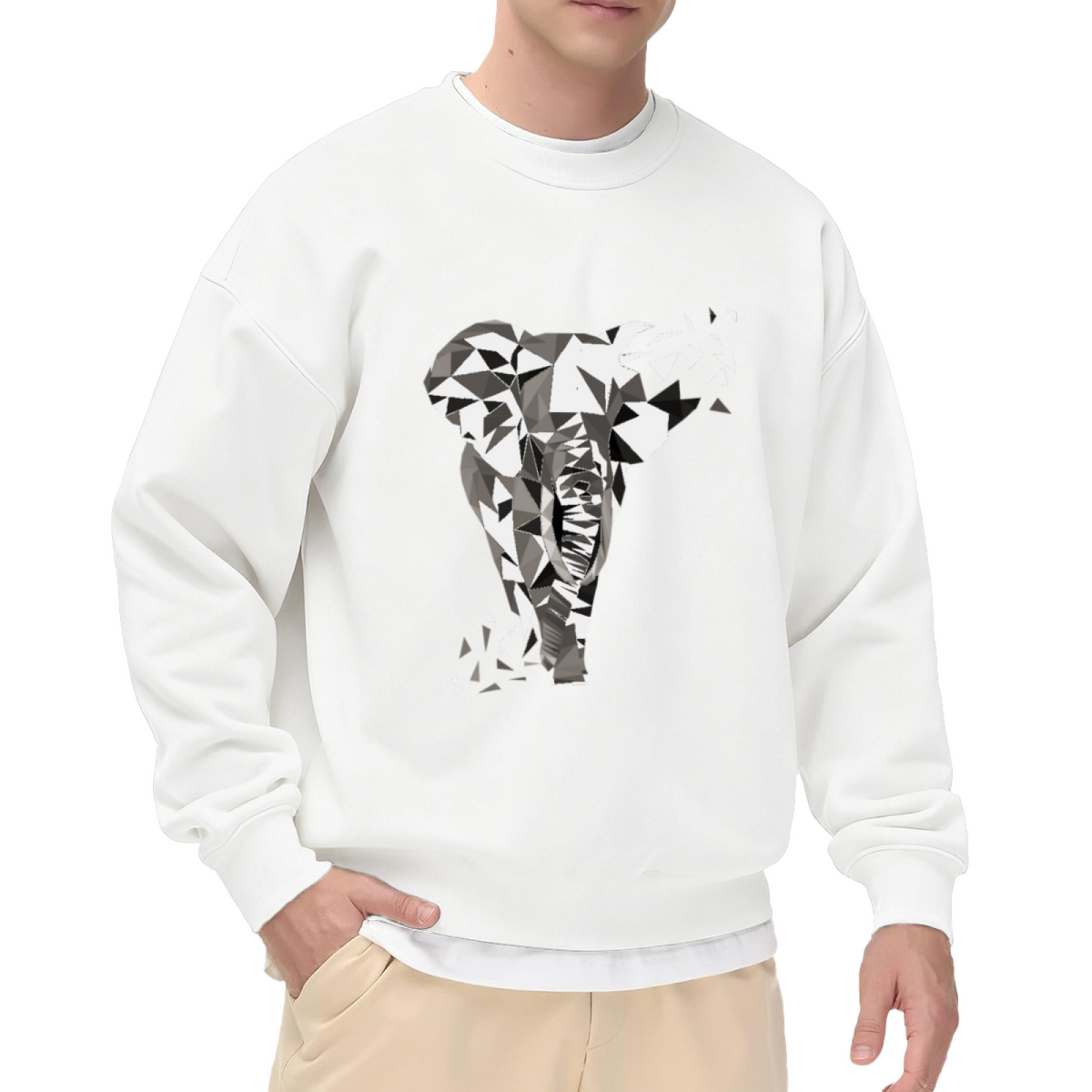 Low Poly Geometric Elephant Crewneck Sweatshirt - Modern Abstract Animal Art Pullover
