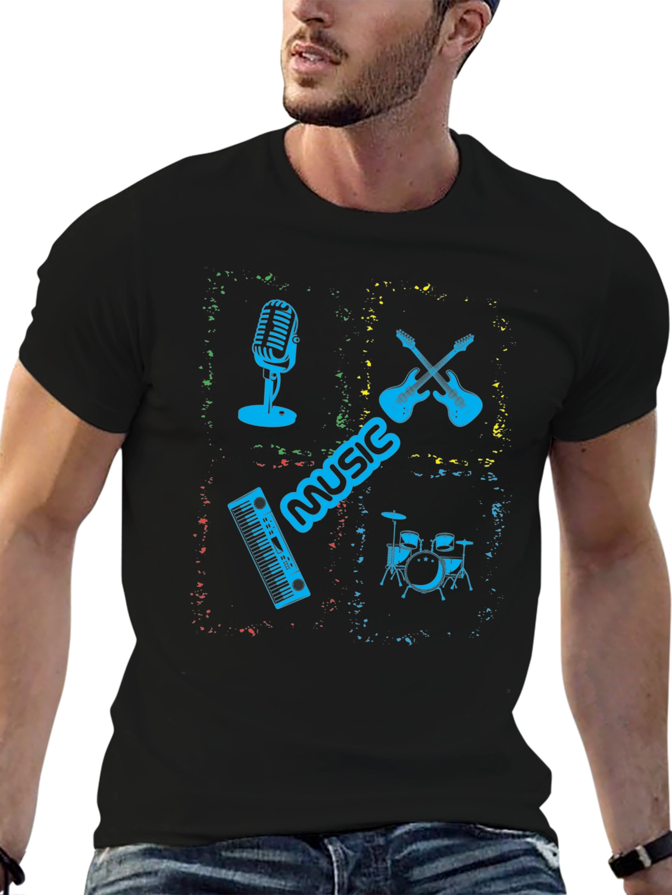 Music Instrument Graphic Print Mens Black T-Shirt