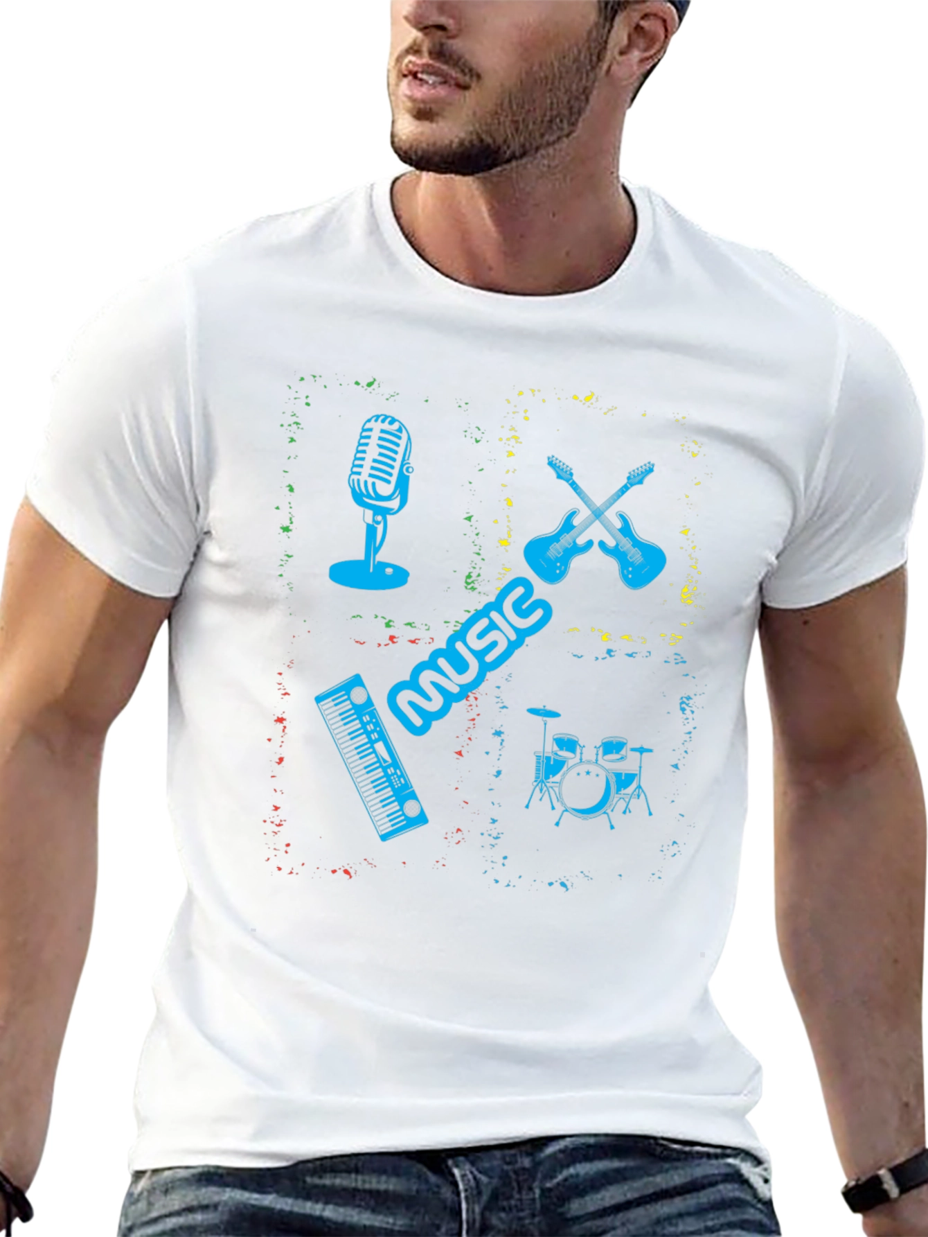 Music Instrument Graphic Print Mens Black T-Shirt