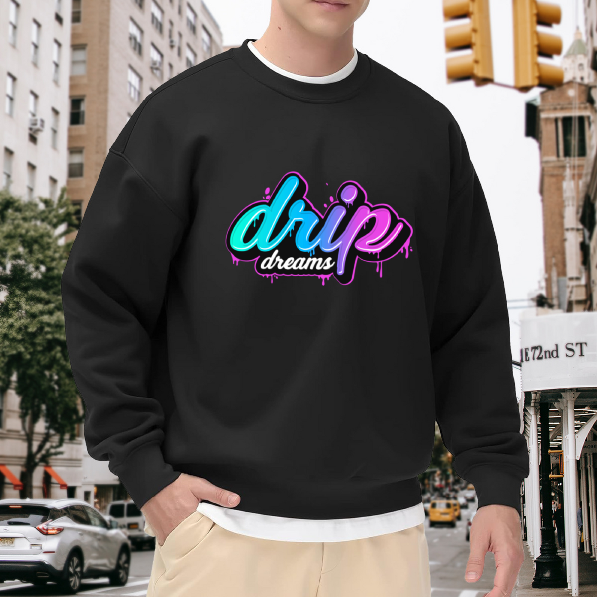 Drip Dreams Graffiti Crewneck Sweatshirt - Neon Cyan Purple Urban Art Streetwear Pullover