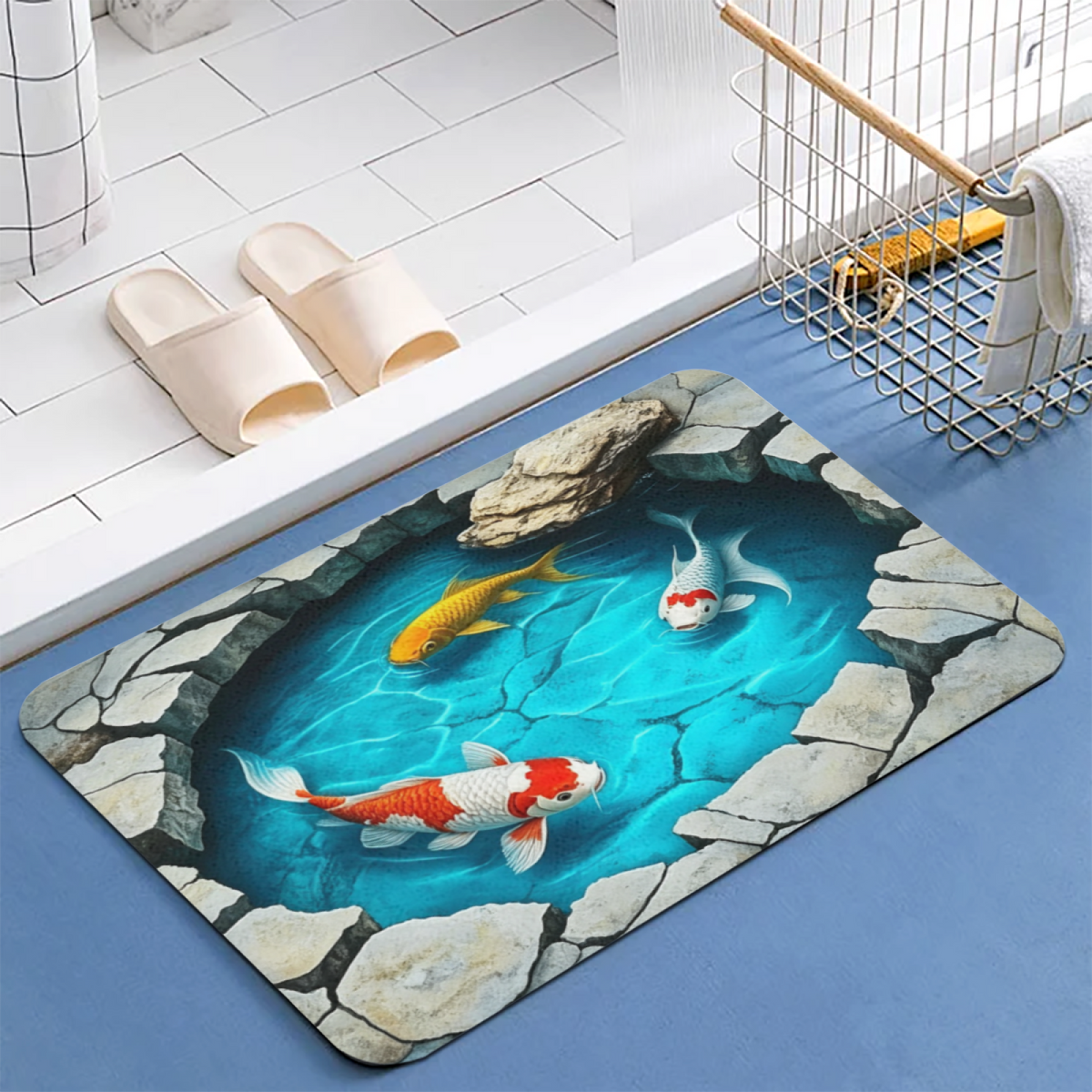 3D Koi Fish Pond Diatomite Mat£üSimulation 3D Koi Fish Pond Diatomite Mat, New Chinese Style Quick?Dry Non?Slip Bathroom Floor Mat