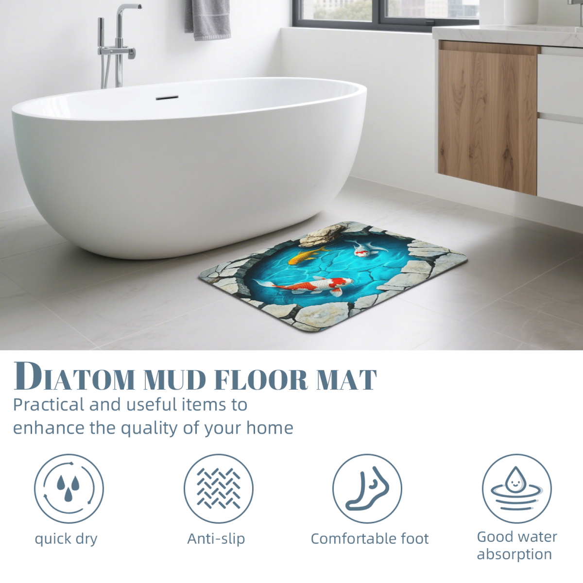 3D Koi Fish Pond Diatomite Mat£üSimulation 3D Koi Fish Pond Diatomite Mat, New Chinese Style Quick?Dry Non?Slip Bathroom Floor Mat