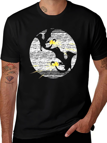 Gun Cats Graphic Tee - Black Cotton Crewneck T-Shirt