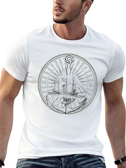 Nautical Compass & Ship Graphic T-Shirt