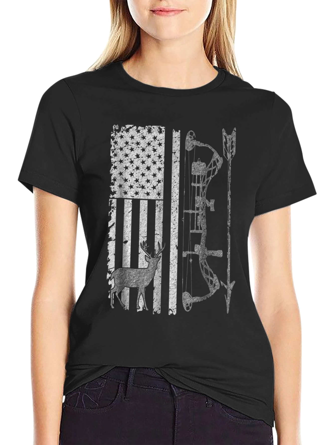 Hunting Bow Deer American Flag Graphic Tee
