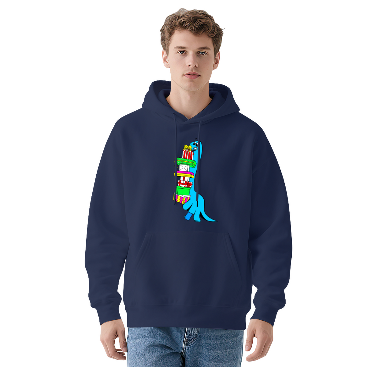 Funny Blue Dinosaur Struggling with Gifts Hoodie