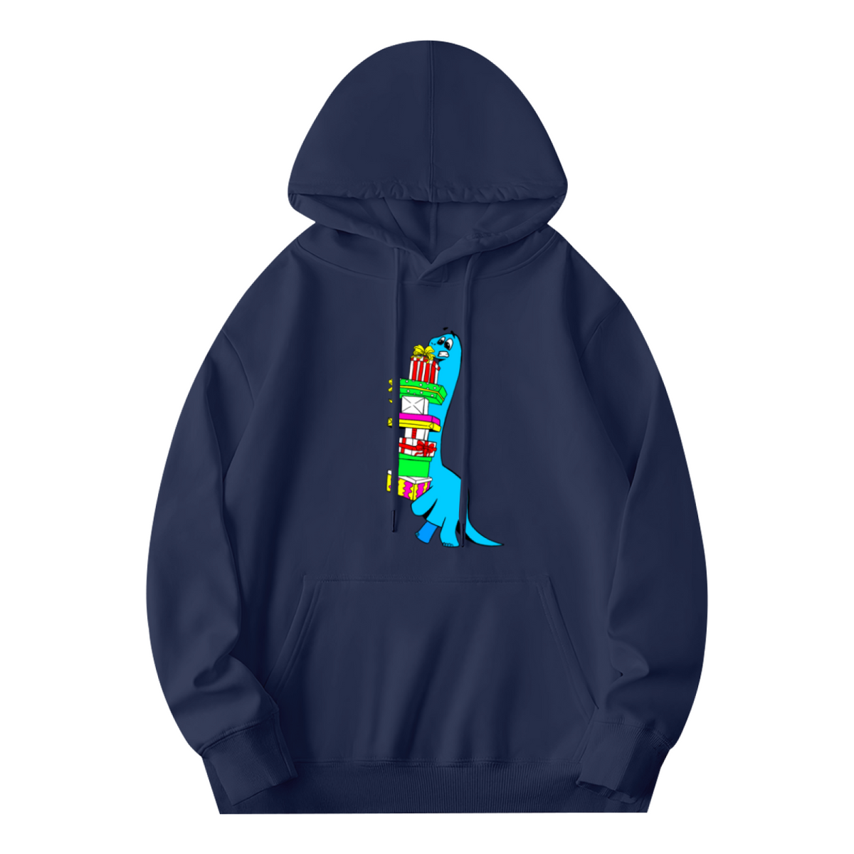 Funny Blue Dinosaur Struggling with Gifts Hoodie