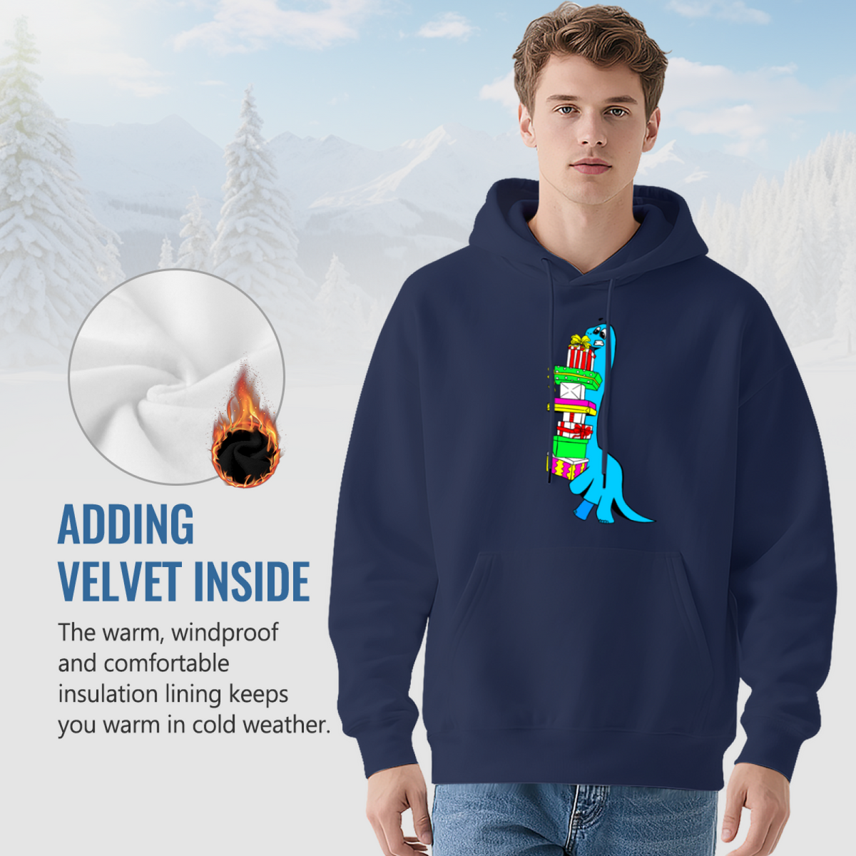 Funny Blue Dinosaur Struggling with Gifts Hoodie